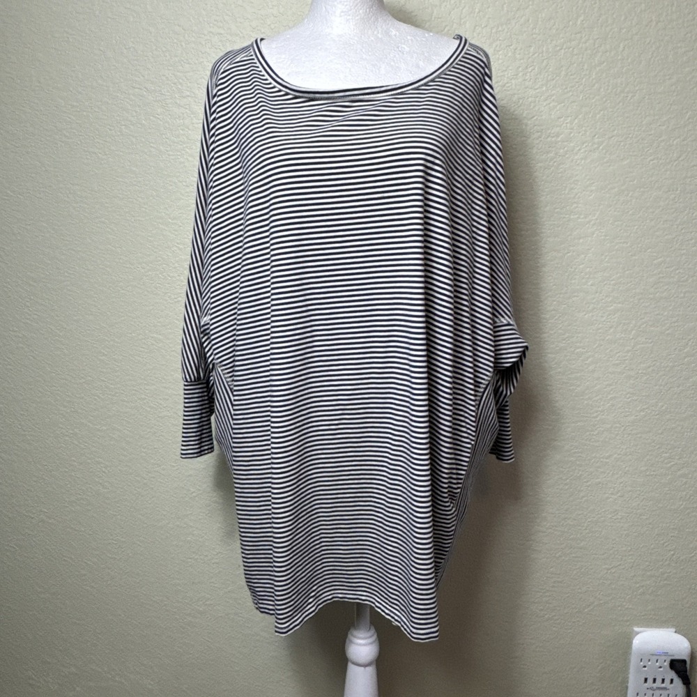 AnyBody Cozy Knit Striped Dolman Sleeve Top Plus 2X Black Cream Loungewear QVC